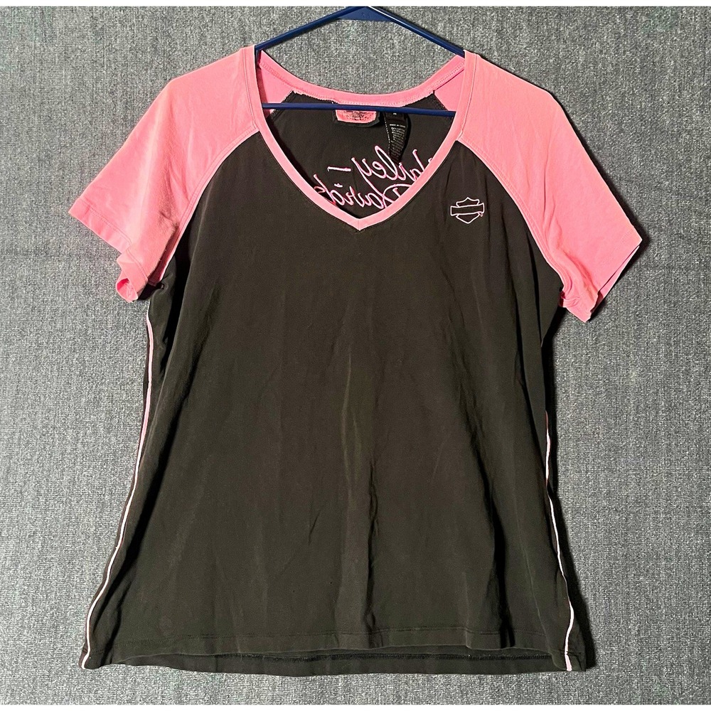 Harley Davidson Women's Raglan V-Neck Short Sleeve T-Shirt Black/Pink XL